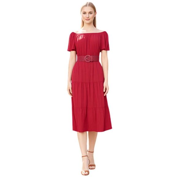 NY Collection Red Tiered Short Flutter Sleeve Midi Dress - Picture 1 of 14